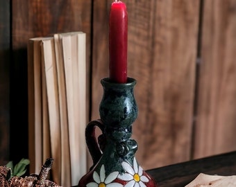 Vintage Ceramic Handmade colorful chamberstick with flower motif, handpainted candle, Pottery candlestick, mood lighting, nightstand decor