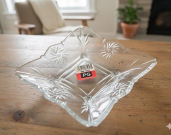Vintage Footed Glass Candy Dish, Square Serving Bowl, Pressed Starburst Pattern glass trinket bowl, Persian Glass cookie serving small plate