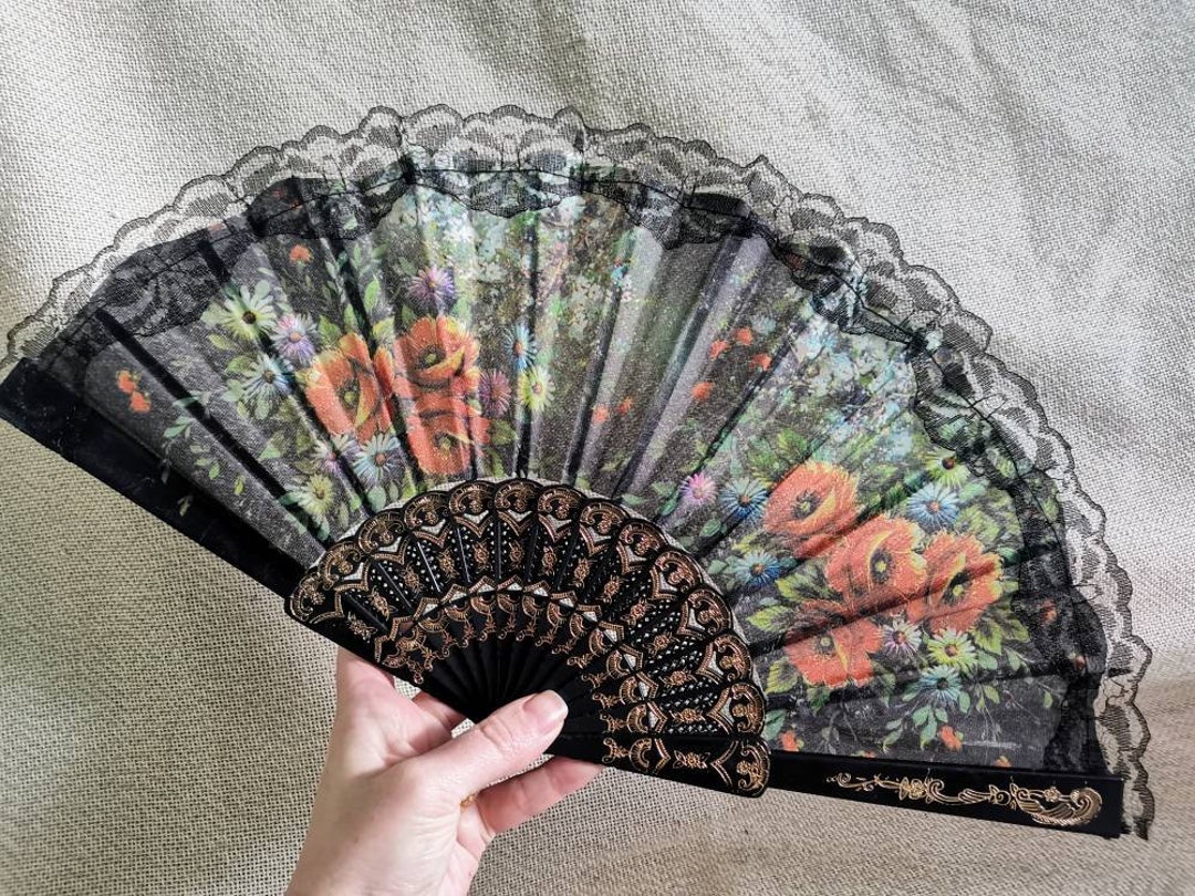 Vintage Black Fabric and Lace Hand Fan, Flamenco Fan, Foldable Fan