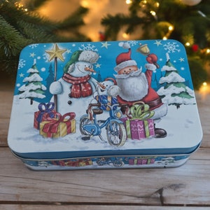 Boîte métallique vintage de Noël : Récipient avec couvercle Père Noël et bonhommes de neige