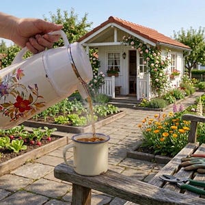 Vintage cream-colored thermos jug with a vibrant retro floral print featuring a red flower, purple blossoms, and wheat. The insulated carafe has a white plastic handle, lid, and pouring spout, accented by a shiny chrome metal trim. Inside, a reflective silver glass vacuum flask is visible. The white plastic screw-top lid has a small cream push button on top. The base is white with a large black plastic central screw underneath holding the flask secure