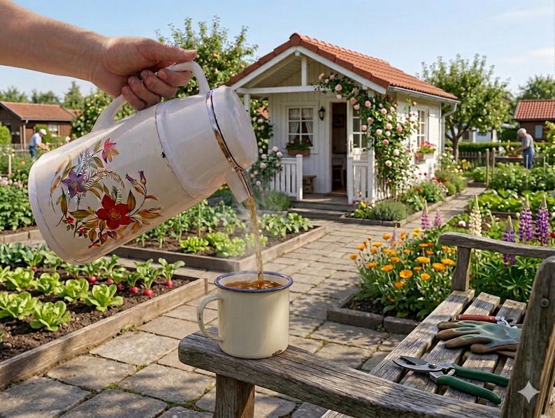 Vintage cream-colored thermos jug with a vibrant retro floral print featuring a red flower, purple blossoms, and wheat. The insulated carafe has a white plastic handle, lid, and pouring spout, accented by a shiny chrome metal trim. Inside, a reflective silver glass vacuum flask is visible. The white plastic screw-top lid has a small cream push button on top. The base is white with a large black plastic central screw underneath holding the flask secure