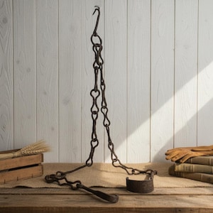 Puede incluir: Cadena colgante de metal antiguo con un gancho, un asa y una base circular. La cadena es de metal marrón oscuro y está suspendida frente a un fondo de madera blanca. También se ve una caja de madera con trigo y una pila de libros.