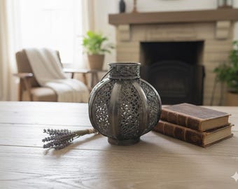 Vintage Moroccan hanging Lantern, metal round candle holder, Hanging Garden candle lantern, outdoor tealight lantern, rustic patio lantern