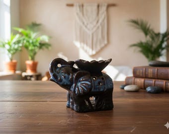 Vintage brown Blue Ceramic Elephant Oil Warmer, Aromatherapy Diffuser, Meditation Altar Incense Holder, Good Luck Gift, tea light oil burner