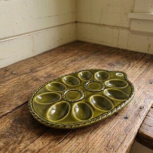 Green Oval Ceramic Deviled Egg Platter, 10 Slot Appetizer Serving Tray, Vintage Earthenware pottery Green Wall Decor Easter Kitchen Plate
