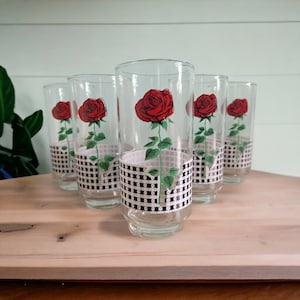 Set of 5 Vintage Glass cups with rose motif, ice coffee glass, milkshake glass, colored glassware, high Ball glass, Aesthetic glass cups