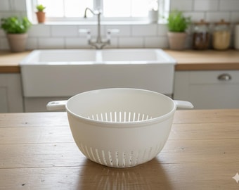 Vintage White Plastic Colander with Handles, Kitchen Strainer for Pasta, Vegetables & Fruit, Durable Lightweight Food Drainer, kitchenware