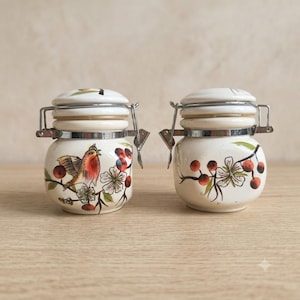 Può includere: Due barattoli in ceramica color bianco sporco con coperchi a chiusura metallica. Il barattolo a sinistra presenta un uccellino arancione e marrone dipinto su un ramo con fiori bianchi e bacche rosse. Quello a destra mostra fiori e bacche.