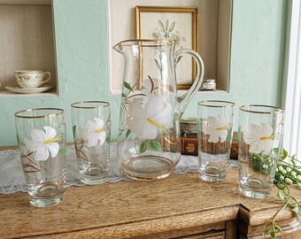 Vintage handgeschilderde glazen kan met 4 glazen, sangriakan, karafset, bistroset, sake-set, beschilderde wijnglazen, ontbijtbar