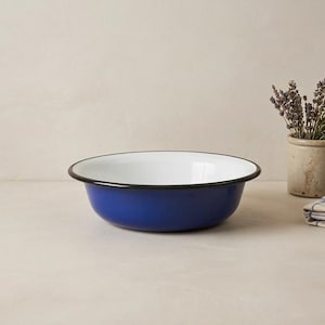 Vintage emaljskål, liten skål koboltblå vit, campinggryta, servering av frukt och grönsaker, blandningsskål, rustik popcornsoppagryta
