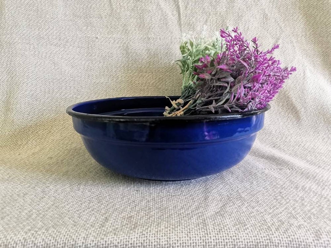 Vintage Enamel Basin, Dark Blue Wash Basin, Berry Bowl, Mixing Bowl