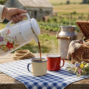 Vintage cream-colored thermos jug with a vibrant retro floral print featuring a red flower, purple blossoms, and wheat. The insulated carafe has a white plastic handle, lid, and pouring spout, accented by a shiny chrome metal trim. Inside, a reflective silver glass vacuum flask is visible. The white plastic screw-top lid has a small cream push button on top. The base is white with a large black plastic central screw underneath holding the flask secure