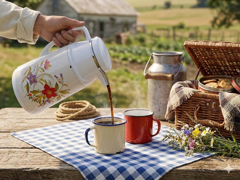Vintage cream-colored thermos jug with a vibrant retro floral print featuring a red flower, purple blossoms, and wheat. The insulated carafe has a white plastic handle, lid, and pouring spout, accented by a shiny chrome metal trim. Inside, a reflective silver glass vacuum flask is visible. The white plastic screw-top lid has a small cream push button on top. The base is white with a large black plastic central screw underneath holding the flask secure