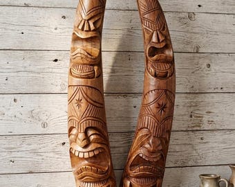 Set of 2 Hand Carved Wood Tiki Masks for Beach House Indonesian Tribal Horn Wall Hanging Sculpture Tropical Tiki Bar large Vintage Totem art