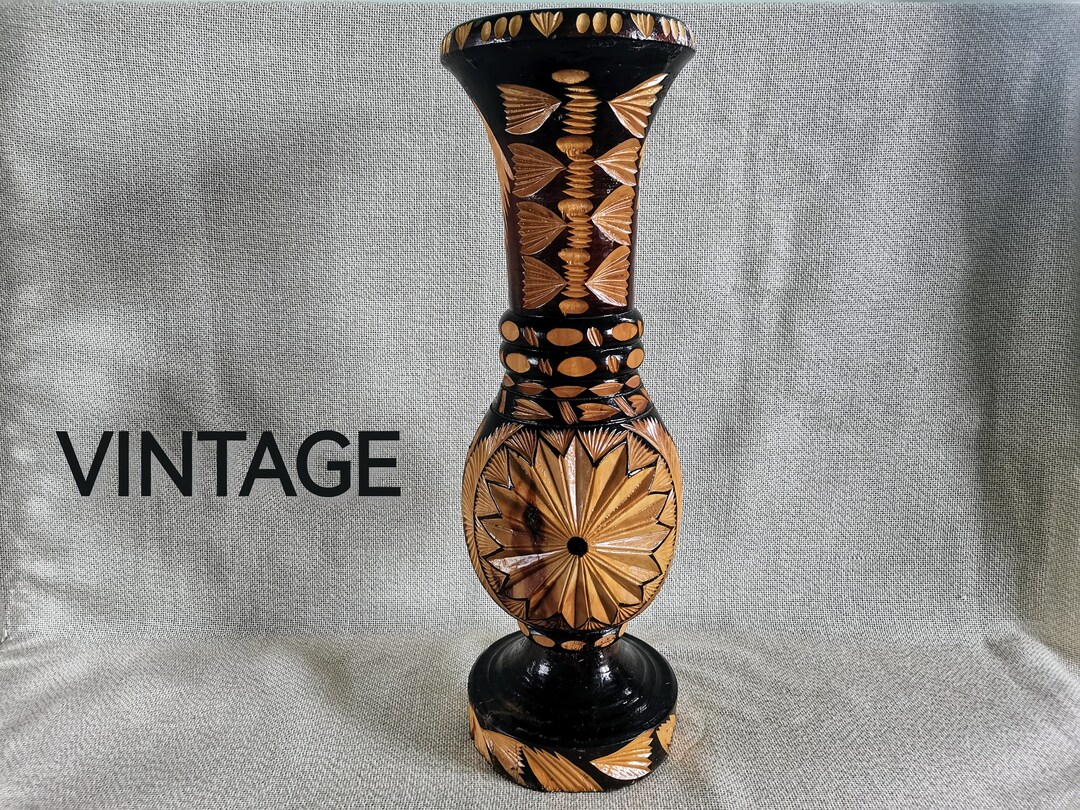 Large Wooden Vase, Tall Hand Carved Brown Vase, Footed Pampas Vase