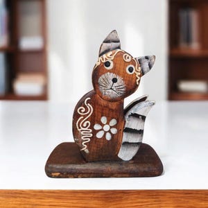 Vintage wooden Hand Carved cat letter organizer, hand painted Wood recipe holder, countertop organizer, Wood napkin holder, mail sorter