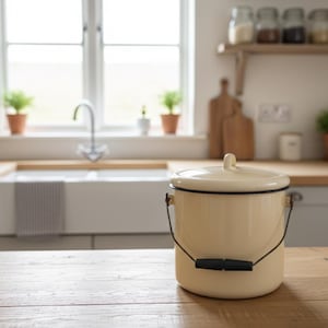 Op de afbeelding: Crèmekleurige emaille emmer met deksel en zwarte handgreep, op een houten oppervlak in een keuken. De keuken heeft een witte spoelbak, raam en houten werkbladen. Thema: keukengerei en woondecoratie.