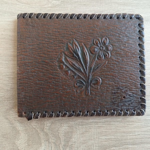 Vintage leather wallet, handmade brown genuine leather women wallet, ornated cash holder, unique flower motif wallet with four separations
