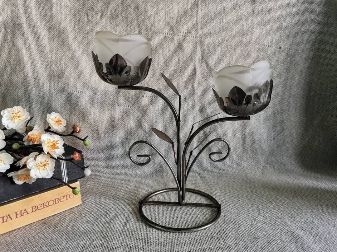 Vintage Frosted Glass Rose Tealight Holder, Double White and Gray