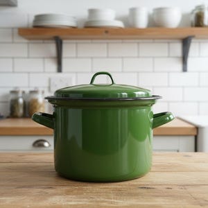 Vintage geëmailleerde groene kookpot met deksel, retro geëmailleerd servies, moderne soepkoker uit het midden van de eeuw, geëmailleerde kookplaat, rustieke geëmailleerde kookschaal