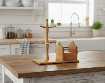Vintage houten bekerhouder met schotelvak, houten bekerhouder met opbergdoos, koffiebardecor, mokstandaard, sleutelhouder entree