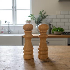 May include: Two wooden salt and pepper grinders with a classic design. The grinders are made of light-colored wood and have a rounded top and a bulbous body. They are displayed on a wooden table in a kitchen setting.