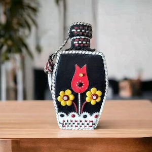 Leather wrapped Bottle with handle, small folk art Bottle, tulip Bottle, flowered alcohol flask, glass leather flask, Woman decorated Bottle