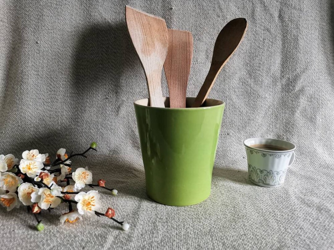 Vintage Ceramic Grass Green Utensil Holder, Large Ceramic Utensil Holder, Wide Mouth Colorful
