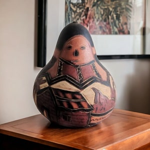 Vintage hand carved and hand-painted gourd, african gourd, dried gourd, primitive fall decor, gourd ornament, decorative gourds, calabash