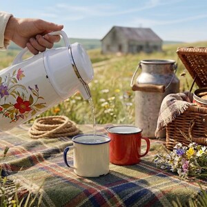 Vintage cream-colored thermos jug with a vibrant retro floral print featuring a red flower, purple blossoms, and wheat. The insulated carafe has a white plastic handle, lid, and pouring spout, accented by a shiny chrome metal trim. Inside, a reflective silver glass vacuum flask is visible. The white plastic screw-top lid has a small cream push button on top. The base is white with a large black plastic central screw underneath holding the flask secure