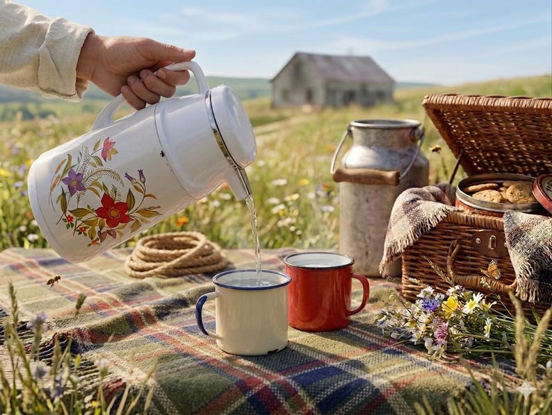 Vintage cream-colored thermos jug with a vibrant retro floral print featuring a red flower, purple blossoms, and wheat. The insulated carafe has a white plastic handle, lid, and pouring spout, accented by a shiny chrome metal trim. Inside, a reflective silver glass vacuum flask is visible. The white plastic screw-top lid has a small cream push button on top. The base is white with a large black plastic central screw underneath holding the flask secure