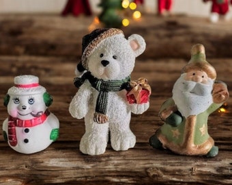 Vintage set of Santa, Snowman and polar bear, small Ceramic snowman, resin Christmas Bear, Ceramic golden Santa Claus, Christmas Shelf decor
