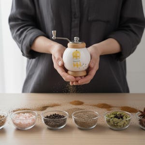 A small, round vintage-style pepper mill with a white porcelain body and a light wooden top. The mill features a subtle yellow geometric graphic on its side and has an exposed metal grinding mechanism at the top. The image is a close-up, showcasing the mill's design and internal structure, resting on a rustic farmhouse wooden table.