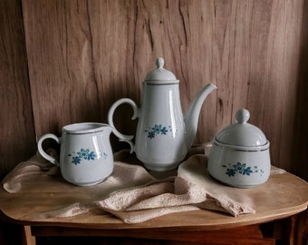 Vintage White Porcelain Coffee Set: Blue Floral Tea Service