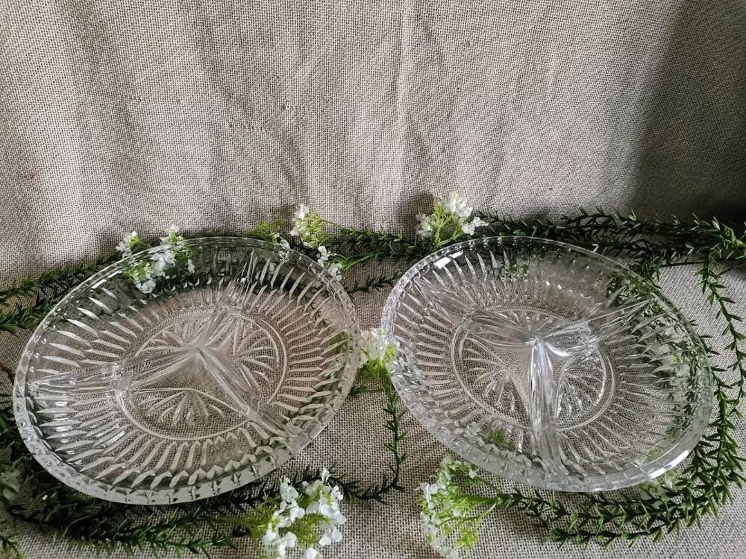 Vintage Large Glass Portion Plate, Sushi Plate, Divided Bowl, Carnival Cut Glass, Serving