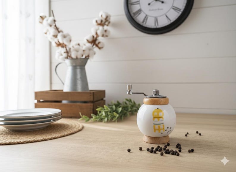A small, round vintage-style pepper mill with a white porcelain body and a light wooden top. The mill features a subtle yellow geometric graphic on its side and has an exposed metal grinding mechanism at the top. The image is a close-up, showcasing the mill's design and internal structure, resting on a rustic farmhouse wooden table.