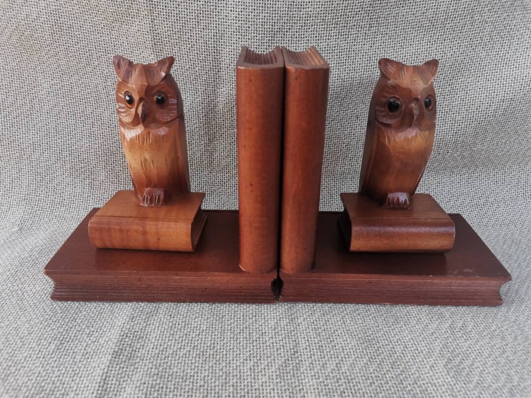 Vintage Wooden Hand Carved Bookends With Owls Cute Bookends Etsy