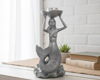 Portavelas de té de sirena plateada, estatua de sirena mítica brillante, porta anillos de sirena costera rústica, decoración de bar tiki de doncella marina náutica