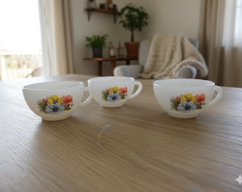 Vintage Arcopal France Milk Glass Coffee Cups Sustainable Eco-Friendly, Set of 3 White Opal Glass Tea Mugs with Wildflower Floral Design