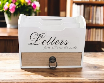 Vintage wooden letter organizer with drawer, white letter sorter, desk organizer, office desk wooden decor, Wood greeting cards holder
