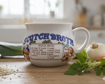Vintage Farmhouse Soup Mug, White Ceramic Scotch broth Recipe Bowl with Handle, Individual Stew Server, rustic White Single Soup Cup