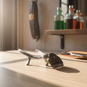 Könnte beinhalten: Ein silberfarbener Friseurschneider liegt auf einer Holzoberfläche, mit einem Lederriemen und Flüssigkeitsflaschen im Hintergrund. Der Clipper hat eine Klinge. Ein Leder-Rasiermesserriemen hängt an der Wand.