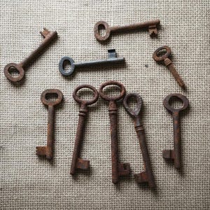 Könnte beinhalten: Eine Sammlung antiker Schlüssel in verschiedenen Formen und Größen mit rostigem, gealtertem Aussehen. Die Schlüssel sind auf einer strukturierten, neutralfarbenen Oberfläche angeordnet, was ein Vintage- oder historisches Thema suggeriert.