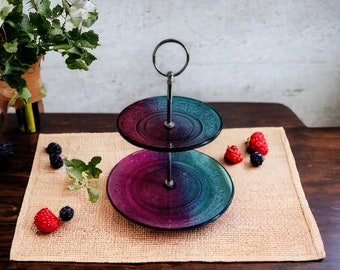 Plateau à deux niveaux en verre opalescent : support à desserts dégradé violet et bleu