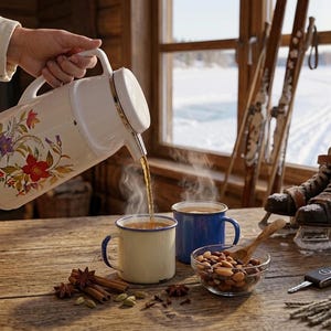 Vintage cream-colored thermos jug with a vibrant retro floral print featuring a red flower, purple blossoms, and wheat. The insulated carafe has a white plastic handle, lid, and pouring spout, accented by a shiny chrome metal trim. Inside, a reflective silver glass vacuum flask is visible. The white plastic screw-top lid has a small cream push button on top. The base is white with a large black plastic central screw underneath holding the flask secure