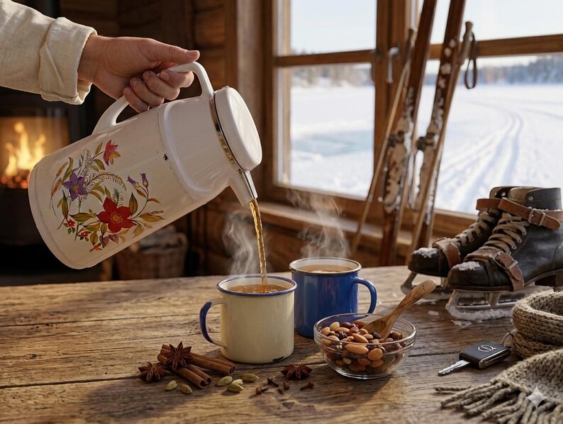 Vintage cream-colored thermos jug with a vibrant retro floral print featuring a red flower, purple blossoms, and wheat. The insulated carafe has a white plastic handle, lid, and pouring spout, accented by a shiny chrome metal trim. Inside, a reflective silver glass vacuum flask is visible. The white plastic screw-top lid has a small cream push button on top. The base is white with a large black plastic central screw underneath holding the flask secure