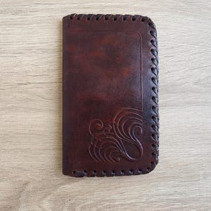 Vintage leather wallet, slim wallet with abstract pattern, four separations wallet, handmade rectangular womens wallet with coin separation