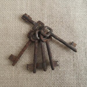 Può includere: Una collezione di chiavi antiche, con varie forme e dimensioni, legate insieme da un anello di metallo. Le chiavi hanno un aspetto rustico e invecchiato con una finitura marrone arrugginita, che suggerisce che si tratta di oggetti vintage o di recupero. Le chiavi sono disposte su un tessuto beige strutturato.