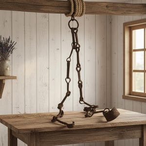 Può includere: Una bilancia antica in metallo sospesa con un peso, sospesa a una trave di legno. La bilancia è marrone e ha un design a catena. Lo sfondo comprende un tavolo di legno, una finestra e un vaso di lavanda.